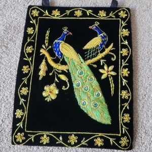 Zari Silk Thread Embroidered Wall Hanging Peacock, Jewel Carpet Wall Panel, Wall